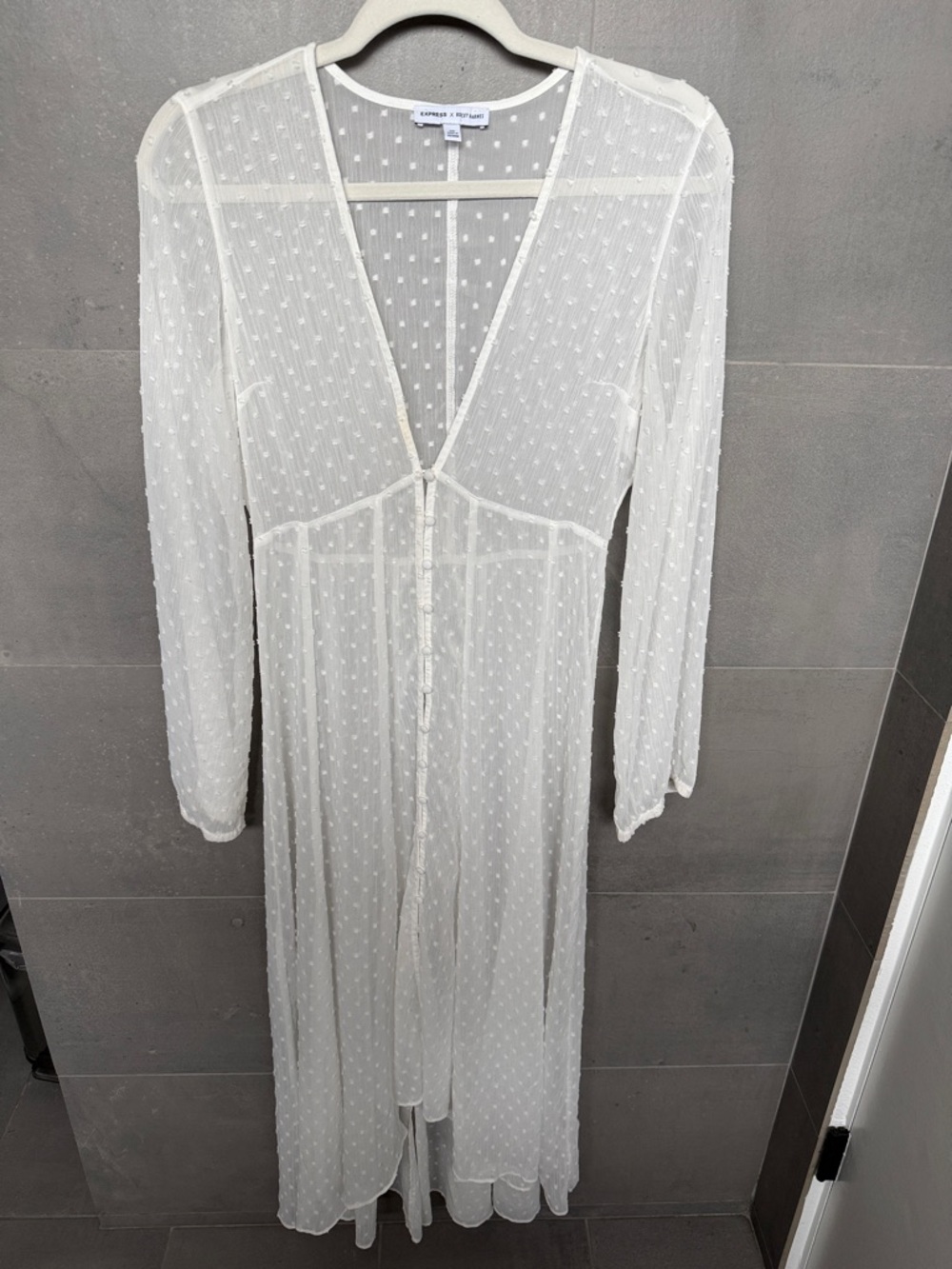 Express x Rocky Barnes Swiss Dot Sheer Button Kimono Duster